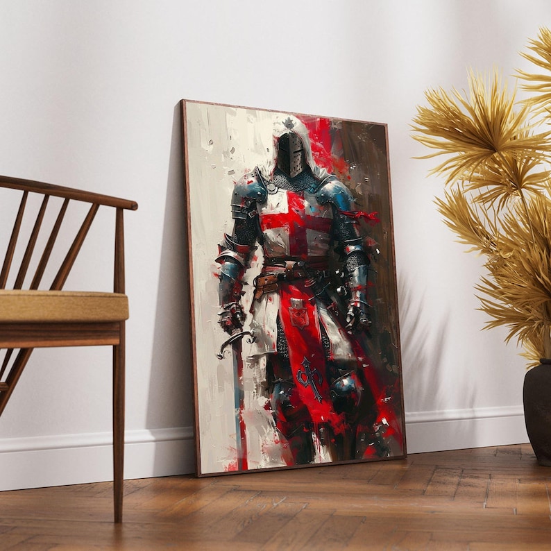Medieval Knight Canvas Wall Art, Crusader Armor Painting, Historical Warrior Decor, Red Cross Templar Canvas, Armor and Sword Wall Art image 1