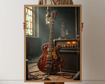 Vintage E-Gitarre Leinwand Wandkunst, klassische Rockmusik Dekor, Retro Verstärker Druck, Musikinstrument Kunstwerk Heimstudio Dekoration