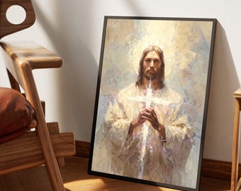 Jesus Holding Cross Canvas Wall Art, Spiritual Religious Painting, Christian Home Decor, Inspirational Canvas, Sacred Faith Wall Art