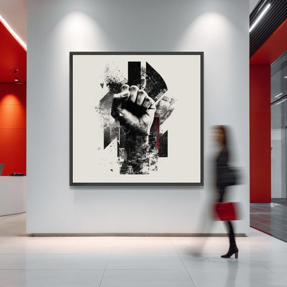 Strong Fist Canvas Wall Art, Power and Unity Art Print, Black and White Abstract Canvas, Modern Bold Home Decor, Ready to Hang Canvas