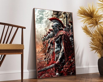 Spartan Warriors Lineup Canvas, Ancient Greek Soldier Art, Red Cloak Battle Scene, Historical Armor Wall Decor, Ready to Hang Canvas