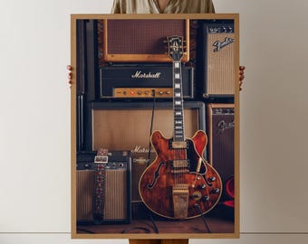 Vintage E-Gitarre mit klassischer Verstärker Leinwand, Musikraum Wandkunst, Retro Rock Decor, Gibson und Marshall Lautsprecher Leinwandkunst