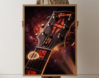 Vintage Gibson Les Paul Custom Headstock Leinwand, Gitarrenwandkunst, Musikinstrument Dekor, Rock and Roll Dekoration, fertig zum Aufhängen
