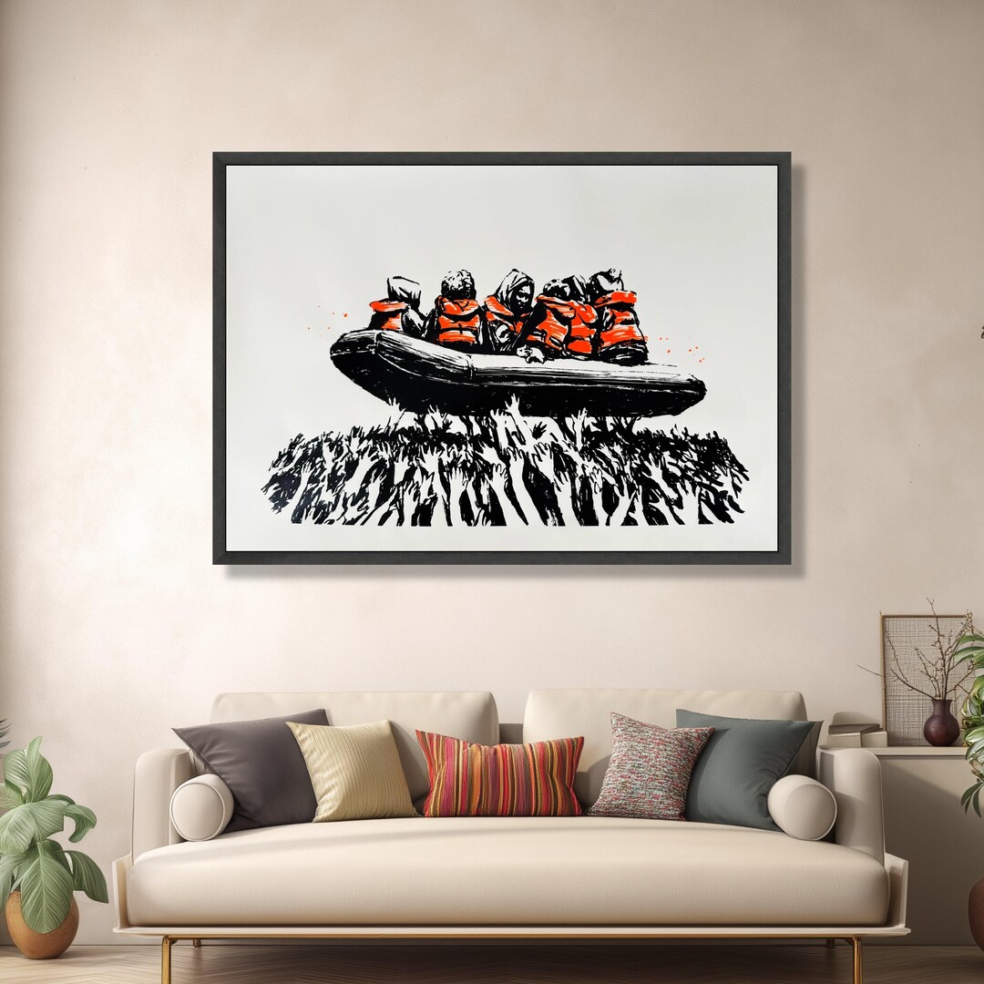 Banksy Inflatable Raft Refugees Rescue Raft Canvas Wall Art, Banksy Style Street Art, Social ...