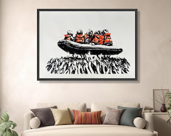 Refugees Rettungsfloß Leinwand Wandkunst, Banksy Stil Street Art, Sozialer Kommentar Druck, moderne Politische Leinwand, zum Nachdenken anregend