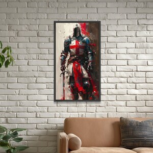 Medieval Knight Canvas Wall Art, Crusader Armor Painting, Historical Warrior Decor, Red Cross Templar Canvas, Armor and Sword Wall Art image 5
