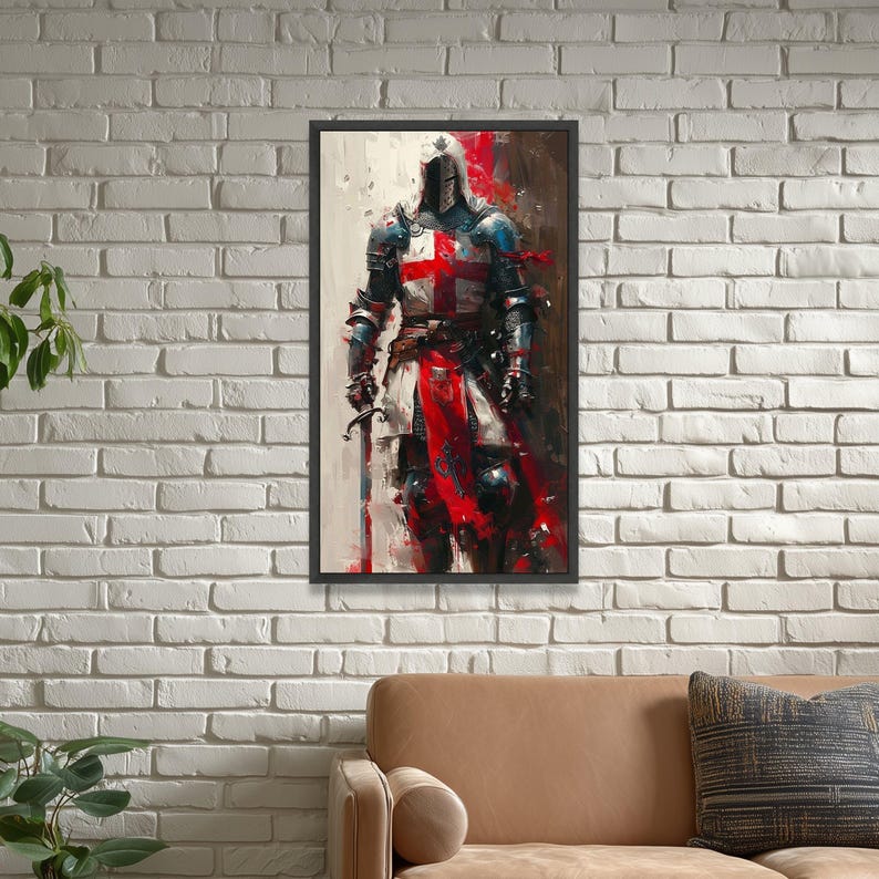 Medieval Knight Canvas Wall Art, Crusader Armor Painting, Historical Warrior Decor, Red Cross Templar Canvas, Armor and Sword Wall Art image 5