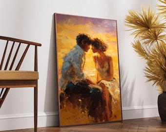 Romantic Couple Embrace Canvas Wall Art, Valentine’s Day Love Painting, Intimate Sunset Scene, Romantic Home Decor Canvas, Passionate