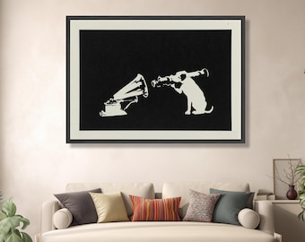 Banksy Inspirierter Hund Hört Gramophone Leinwand Wandkunst, Schwarz-Weiß-Street-Art-Stil, Urbane Moderne Wanddekoration, Bold Grafikdruck