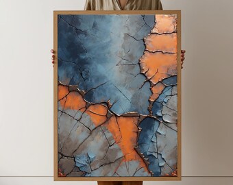 Abstrakte rustikale Textur Leinwand Wandkunst, blau und orange rissige Farbdesign, Industriestil Leinwand, moderne Wanddekoration, bereit zu