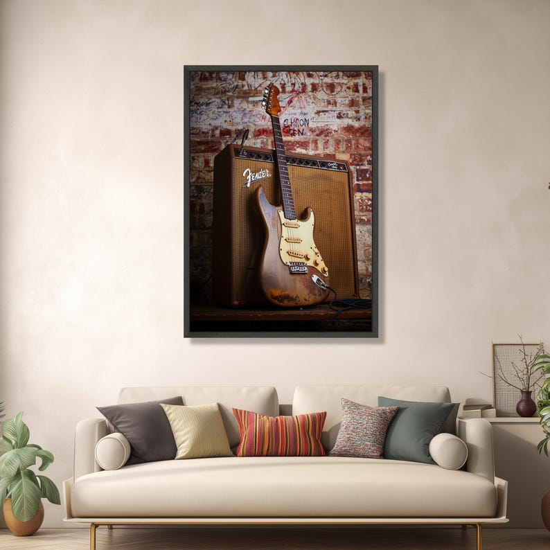 Lienzo con guitarra eléctrica Fender vintage y amplificador, arte mural de música retro, lámina de guitarra desgastada, decoración rock and roll, instrumento clásico imagen 7