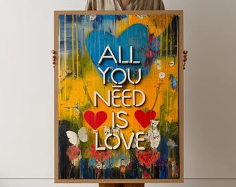 Lebendige Liebeszitat Leinwand Wandkunst, Alles was du brauchst ist Liebeszeichen, buntes Herz und Schmetterling Wohnkultur, inspirierende Typografie Leinwand