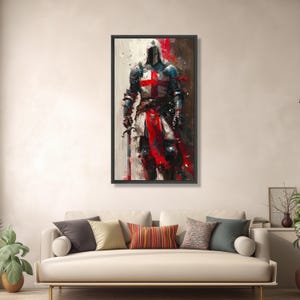 Medieval Knight Canvas Wall Art, Crusader Armor Painting, Historical Warrior Decor, Red Cross Templar Canvas, Armor and Sword Wall Art image 2