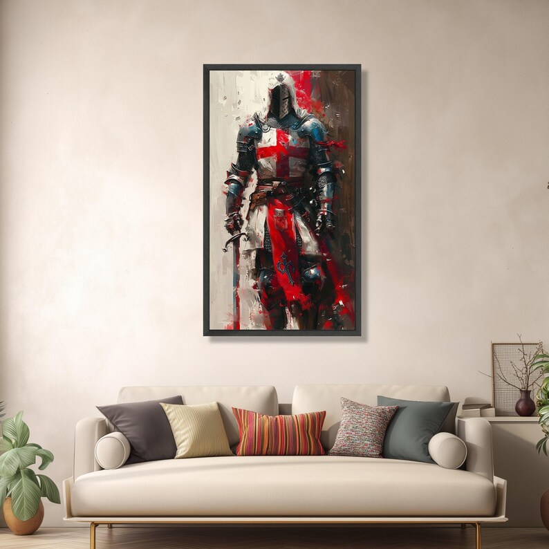Medieval Knight Canvas Wall Art, Crusader Armor Painting, Historical Warrior Decor, Red Cross Templar Canvas, Armor and Sword Wall Art image 2