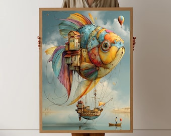 Surrealer Riesenfisch, Steampunk, Leinwand, Fantasy, Steampunk, Geschenk, Haus Dekoration, Traumhafte Dekoration