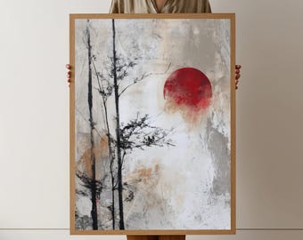 Minimalistische abstrakte Natur Leinwand, schwarze Baum Silhouette, rote Sonne Wandkunst, moderner japanischer Stil, strukturierte neutrale Hintergrund Leinwand