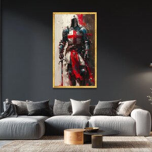 Medieval Knight Canvas Wall Art, Crusader Armor Painting, Historical Warrior Decor, Red Cross Templar Canvas, Armor and Sword Wall Art image 3