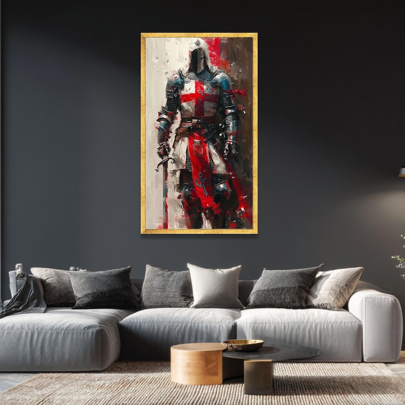 Medieval Knight Canvas Wall Art, Crusader Armor Painting, Historical Warrior Decor, Red Cross Templar Canvas, Armor and Sword Wall Art image 3