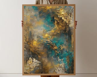 Abstrakte Textur Leinwand Wandkunst, Erdfarben Wohnkultur, Blau Gold Akzent Gemälde, zeitgenössische künstlerische Leinwand, moderne Wanddekoration