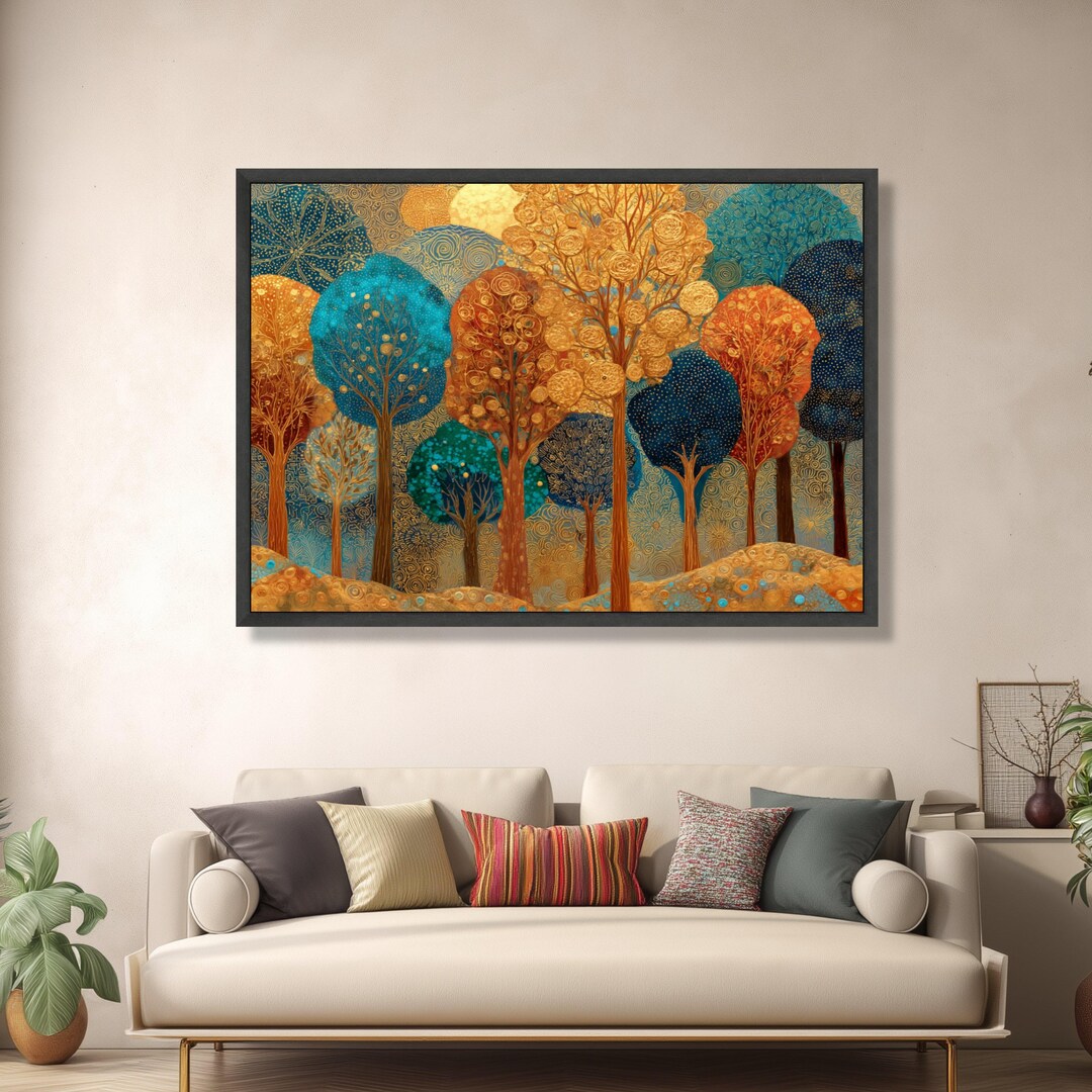 Golden Abstract Forest Canvas Wall Art, Colorful Tree Landscape ...