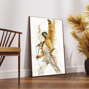 May include: A rectangular wall art print featuring a stylized illustration of a performer with a mustache, wearing a yellow jacket and white trousers, holding a microphone stand with one hand raised high against a white background.