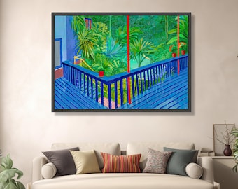 Tropische Balkon-Ansichts-Leinwand, lebendige grüne Wandkunst, David Hockney-Stil, blaue Porch-Malerei, Hauptdekor-Leinwandkunst