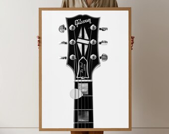 Gibson Les Paul Benutzerdefinierte Gitarrenkopfplatte Leinwand Wandkunst, Schwarzweiss-Musikdekor, E-Gitarre-Nahaufnahme, Rockinstrument-Leinwand
