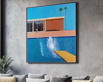 Mid Century Modern Pool Splash Leinwand, David Hockney inspirierte Wandkunst, Retro Dekoration, Sommer Vibe Leinwandkunst, Wohnzimmerwand