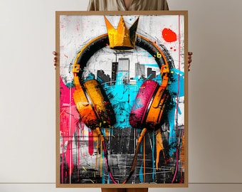 Urban Graffiti Kopfhörer Leinwand Wandkunst, Bunte Musik Street Art, Stadt Skyline Modernes Dekor, Lebendige Pop Art Leinwand, Kreative Hauswand