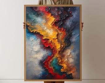 Abstrakte strukturierte Farbexplosion, Leinwand, moderne 3D-Effekt-Malerei, lebhaftes Rot, Gelb, Blau, Wohnkultur, Leinwand für zeitgenössische Kunst