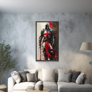 Medieval Knight Canvas Wall Art, Crusader Armor Painting, Historical Warrior Decor, Red Cross Templar Canvas, Armor and Sword Wall Art image 6