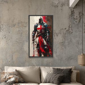 Medieval Knight Canvas Wall Art, Crusader Armor Painting, Historical Warrior Decor, Red Cross Templar Canvas, Armor and Sword Wall Art image 4