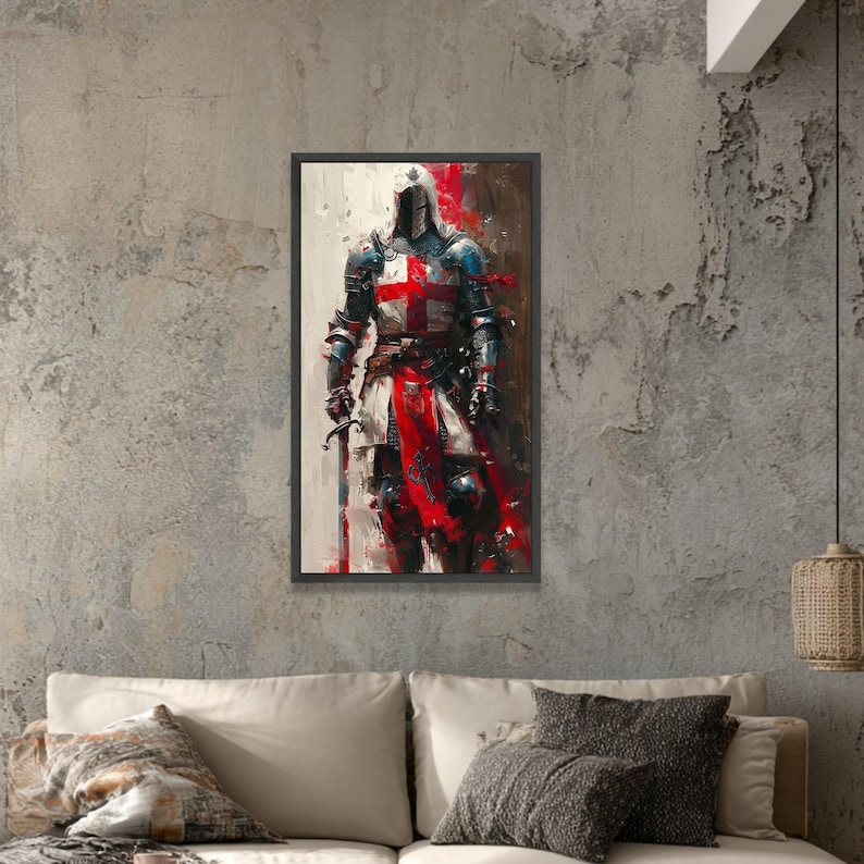 Medieval Knight Canvas Wall Art, Crusader Armor Painting, Historical Warrior Decor, Red Cross Templar Canvas, Armor and Sword Wall Art image 4