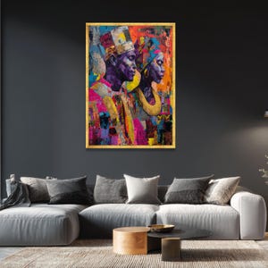 Lienzo vibrante de retrato de pareja africana, arte tribal colorido, decoración de pared étnica, lienzo cultural contemporáneo, arte para el hogar y la sala de estar.