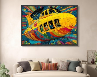 Lienzo psicodélico de submarino amarillo, arte pop inspirado en los Beatles, decoración de pared retro vibrante, arte mural en lienzo de íconos musicales, hogar colorido