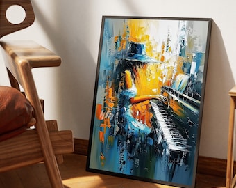Abstract Woman Playing Piano Canvas, Modern Music Art, Colorful Instrument Wall Art, Blue Orange Home Decor, Creative Canvas