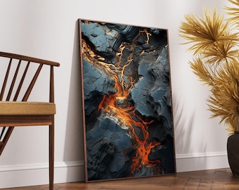 Geschmolzener Lavafluss Leinwand, abstrakter Lavafluss Leinwand, vulkanischer Stein Wandkunst, abstrakter Naturdruck, feurige Magma-Textur, modernes Heimdekor, fertig zum Aufhängen