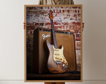 Vintage Fender Leinwand E-Gitarre mit Verstärker, Retro Musik Wandkunst, Distressed Gitarre Druck, Rock'n'Roll Dekor, klassisches Instrument