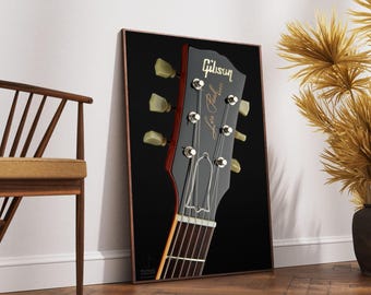 Gibson Les Paul Headstock Nahaufnahme Leinwand, Klassische Gitarre Wandkunst, Musikinstrument Dekor, Rock and Roll Dekoration, fertig zum Aufhängen