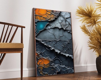 Abstract Cracked Texture Canvas Wall Art, Modern Industrial Design, Orange and Blue Accent Home Decor, Rough Surface Canvas Painting,