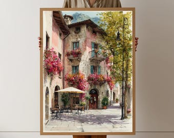 Charmante europäische Straßenszene Leinwand, Blumenbalkon Wandkunst, gemütliche Café im Freien Leinwand, Vintage Architektur Dekor, Gartenblumen Leinwand