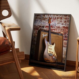 Lienzo con guitarra eléctrica Fender vintage y amplificador, arte mural de música retro, lámina de guitarra desgastada, decoración rock and roll, instrumento clásico imagen 2