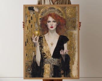 Mystische rothaarige Frau mit goldenem Apfel Leinwand, Renaissance-Stil Porträt Wandkunst, Blattgold dekorative Malerei, elegante Wohnkultur