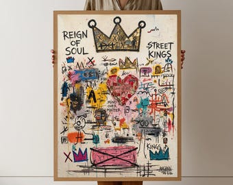 Abstrakte Graffiti Krone und Herz Leinwand, Urban Street Art Wanddekor, Herrschaft der Seele Moderne Leinwand, Liebe ist alles Mixed Media Design
