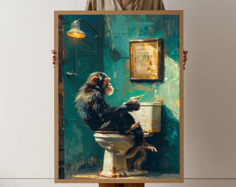 Humorvoller Affe beim Lesen auf Toilettenleinwand, lustige Tierwandkunst, Badezimmerdekorleinwand, verspielte Primatenillustration, lustige Heimdekoration