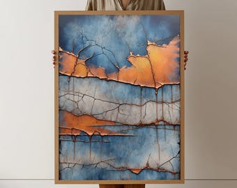 Abstrakte Rosttextur Leinwand Wandkunst, industrielles blau und orange rustikales Dekor, rissige Metalloberfläche, modernes urbanes Interieur