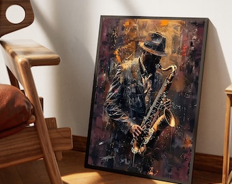 Jazz Musician Playing Saxophone Canvas, Abstract Musician Art, Vintage Jazz Wall Art, Music Theme Canvas, Urban Home Decor, Ready to Hang