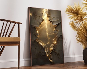 Goldene Cracked Wand Leinwand, Abstrakte Lichtkunst, Glühende Bruch Design, Modernes Wohndekor, beleuchtete Wand Kunst Druck