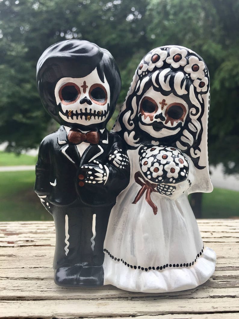 Day of the Dead hand painted ceramic wedding cake topper image 3