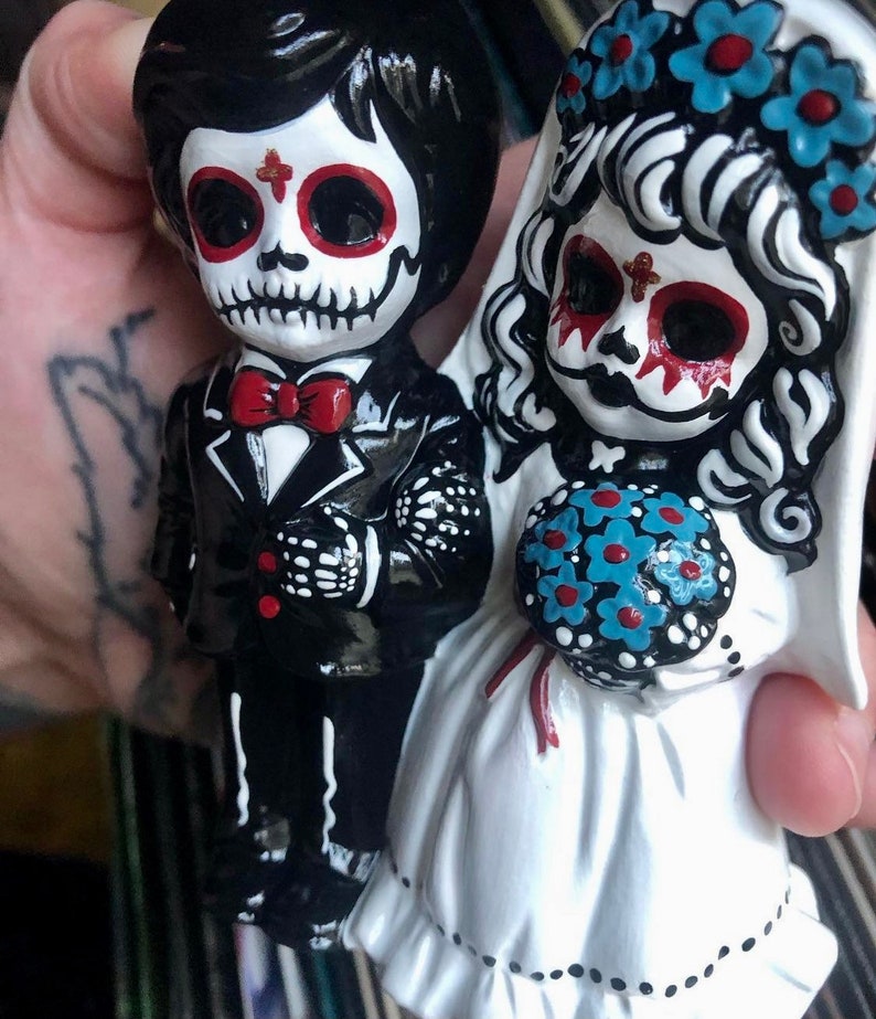 Day of the Dead hand painted ceramic wedding cake topper image 6